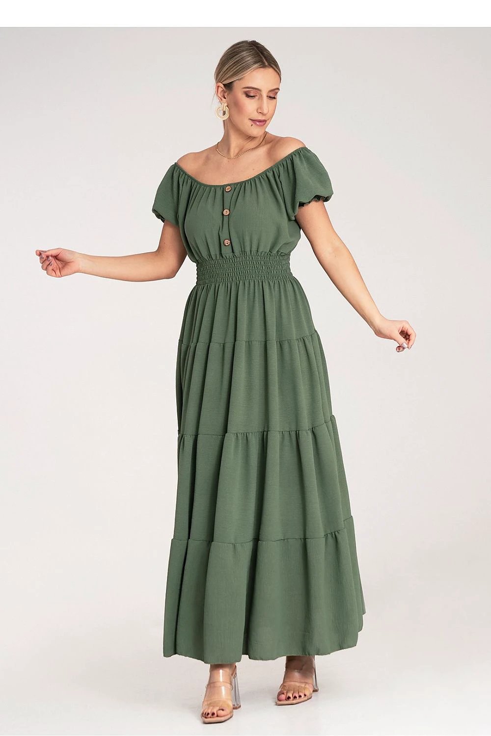 Figl Women's Summer Maxi Dress - Spanish Style Neckline, Puffed Sleeves and Elastic Waist for Comfort by Figl