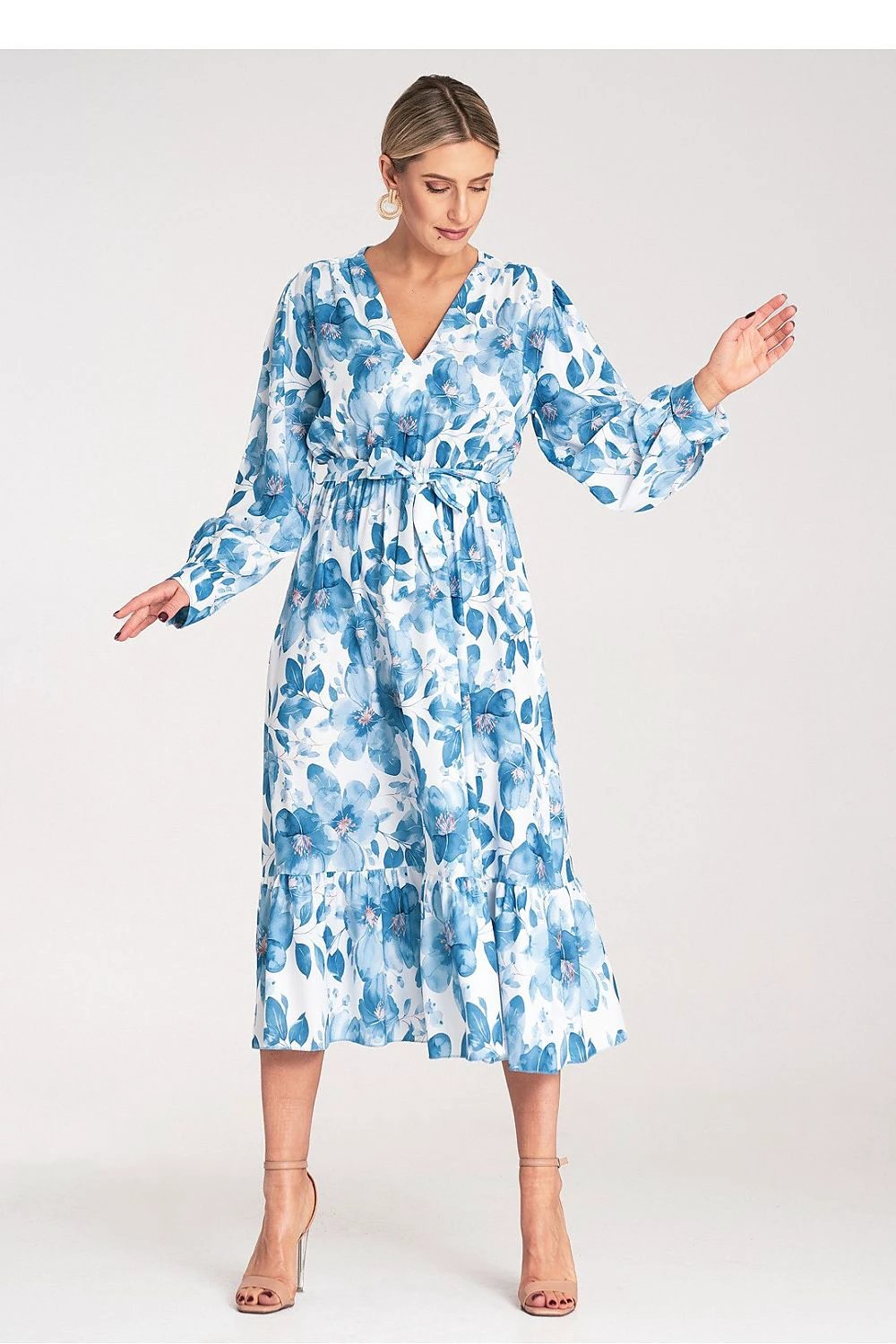 Figl Daydress - Stylish Floral Maxi Dress with Wrap Neckline, Long Sleeves, and Ruffled Hem by Figl