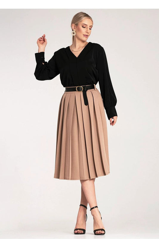 Figl Elegant Pleated Midi Skirt - High Waist Design with Stylish Black Belt and Comfortable Stretch Fabric by Figl