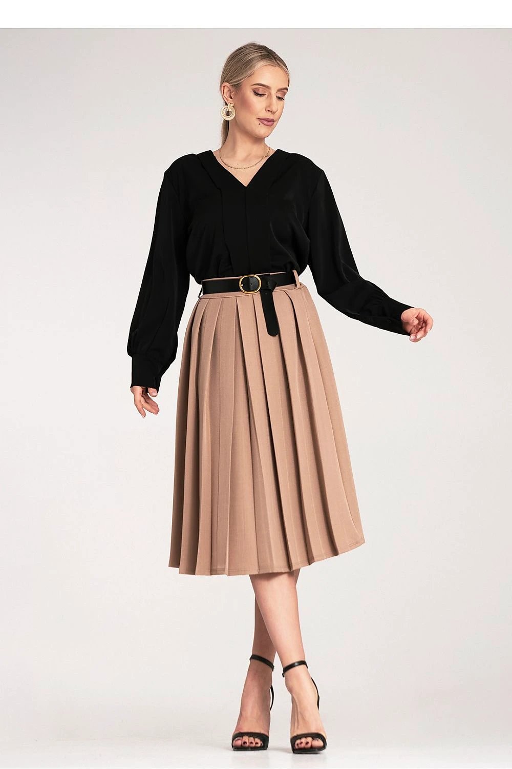 Figl Elegant Pleated Midi Skirt - High Waist Design with Stylish Black Belt and Comfortable Stretch Fabric by Figl