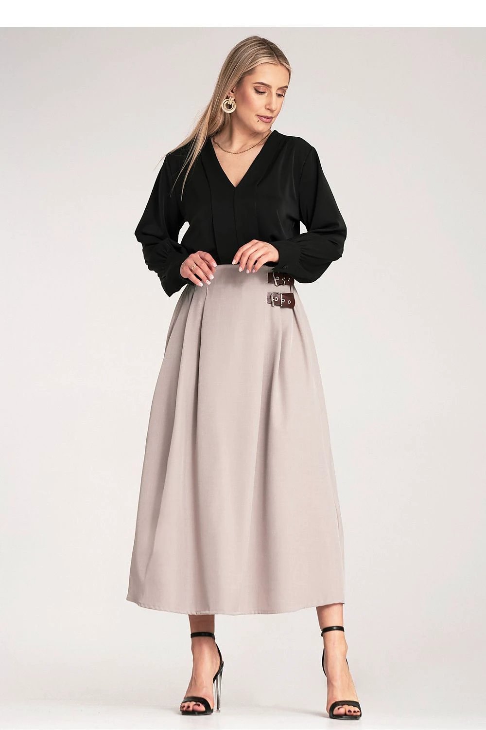 Figl Elegant Midi Skirt with Pleats and Adjustable Buckle Straps - 95% Polyester for Comfort and Style by Figl