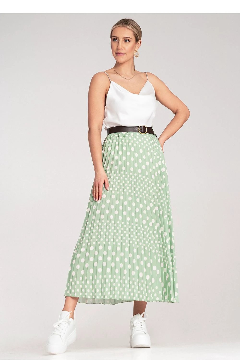 Figl Women's Pleated Midi Skirt - High-Waisted Polka Dot Pattern with Adjustable Belt for Enhanced Waist Definition by Figl
