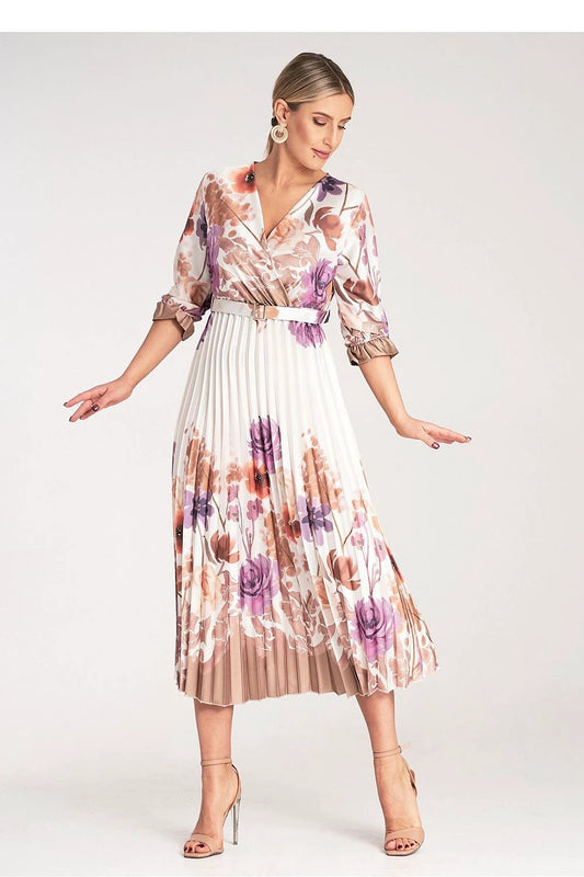 Figl Daydress - Floral Print Satin Maxi Dress with Wrap Neckline, Long Sleeves and Elastic Waistband by Figl