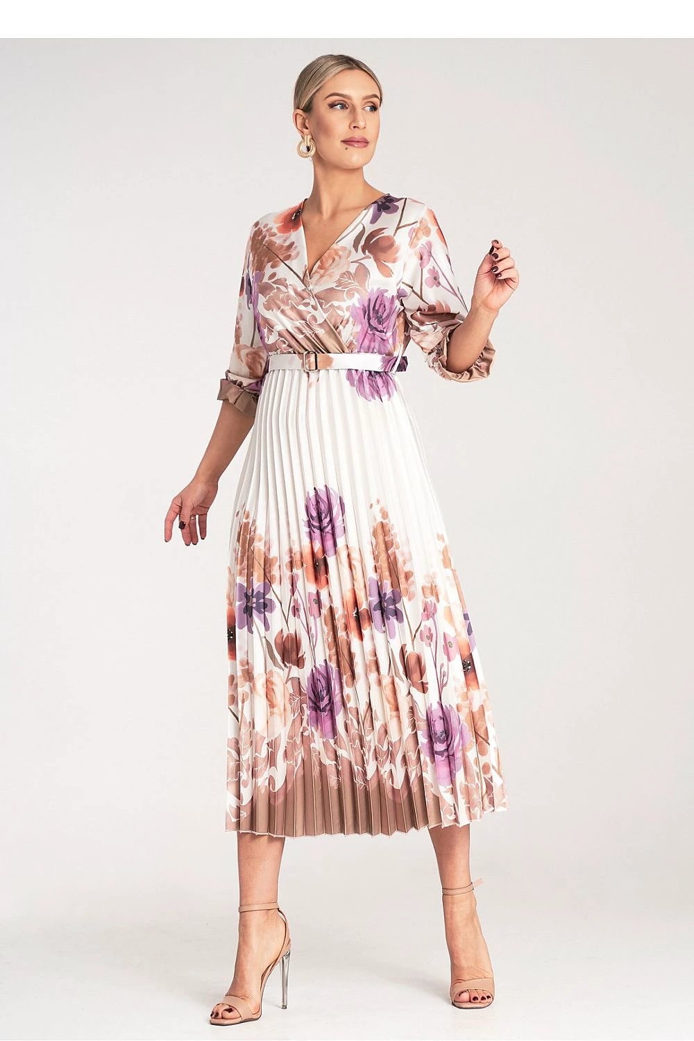 Figl Daydress - Floral Print Satin Maxi Dress with Wrap Neckline, Long Sleeves and Elastic Waistband by Figl