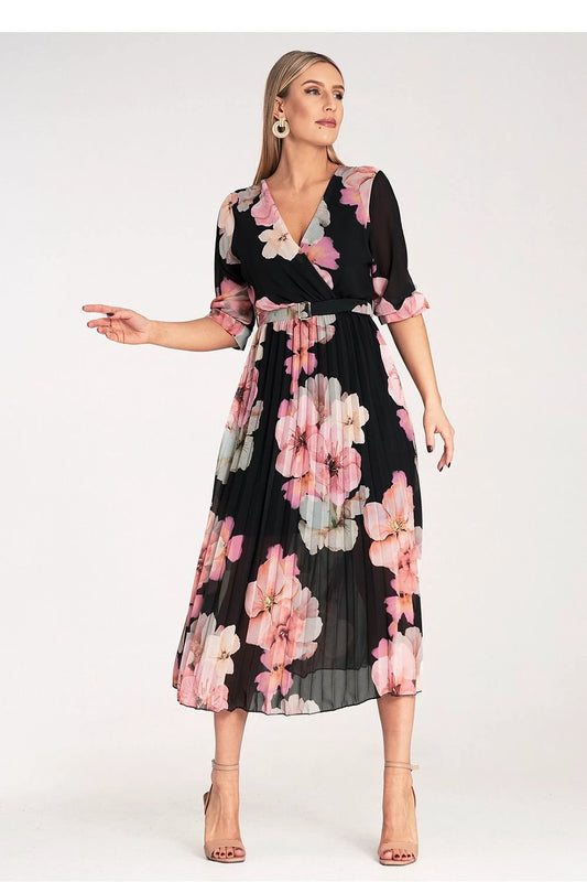 Figl Daydress - Floral Print Midi Dress with Pleats, Wrap Neckline and Elastic Waistband by Figl