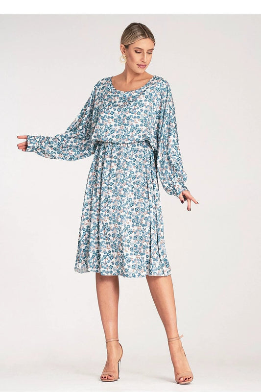Figl Daydress - Elegant Floral Satin Midi Dress with Kimono Cut, Loose Cuffed Sleeves and Waist Gathering for Flattering Fit by Figl