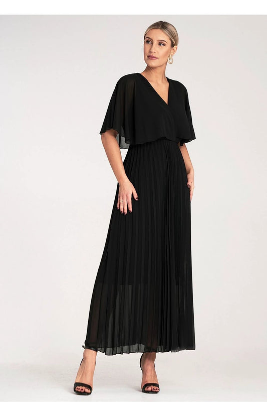 Figl Maxi Cocktail Dress - Flowing Cape Sleeves, Pleated Bottom, and Flattering Elastic Waist by Figl