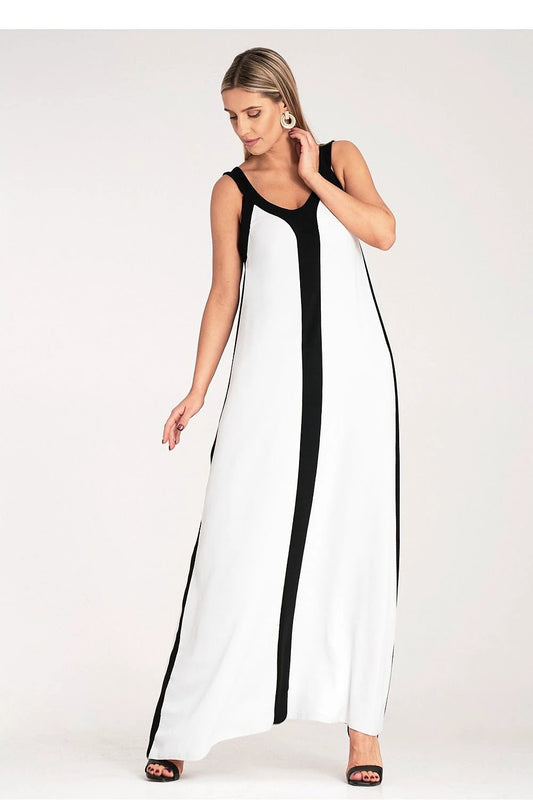 Figl Women's Daydress - Optically Slimming Black and White Pattern Loose Cut Maxi Dress with V-Neckline and Straps for Sizes S to XL by Figl