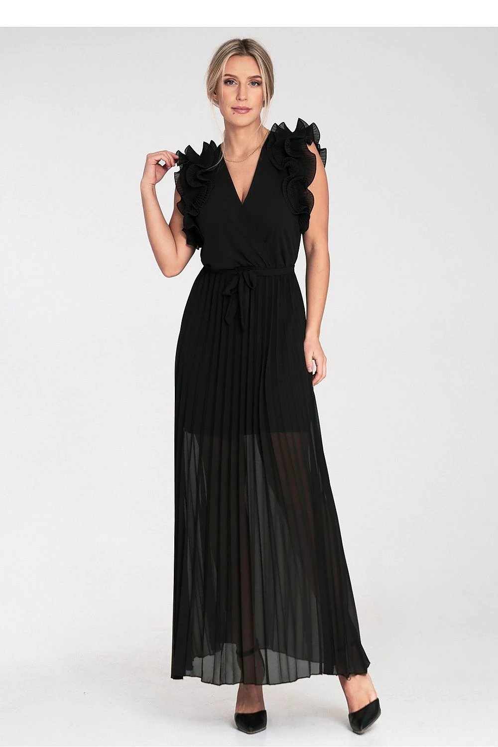 Figl Maxi Dress with Ruffled Shoulders and Flared Pleated Bottom - Lined, Wrap Neckline, 100% Polyester by Figl