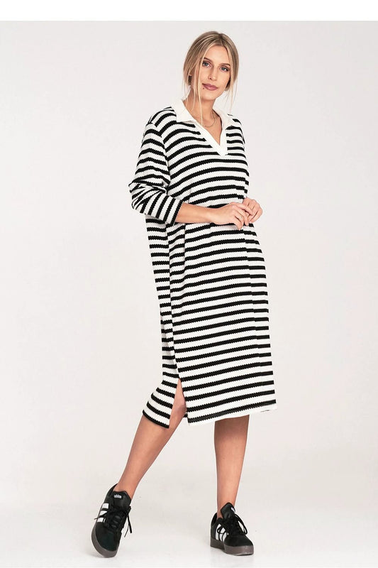 Figl Women's Daydress - Striped Knitted with Collar, Long Sleeves, One Size, Below Knee Length by Figl