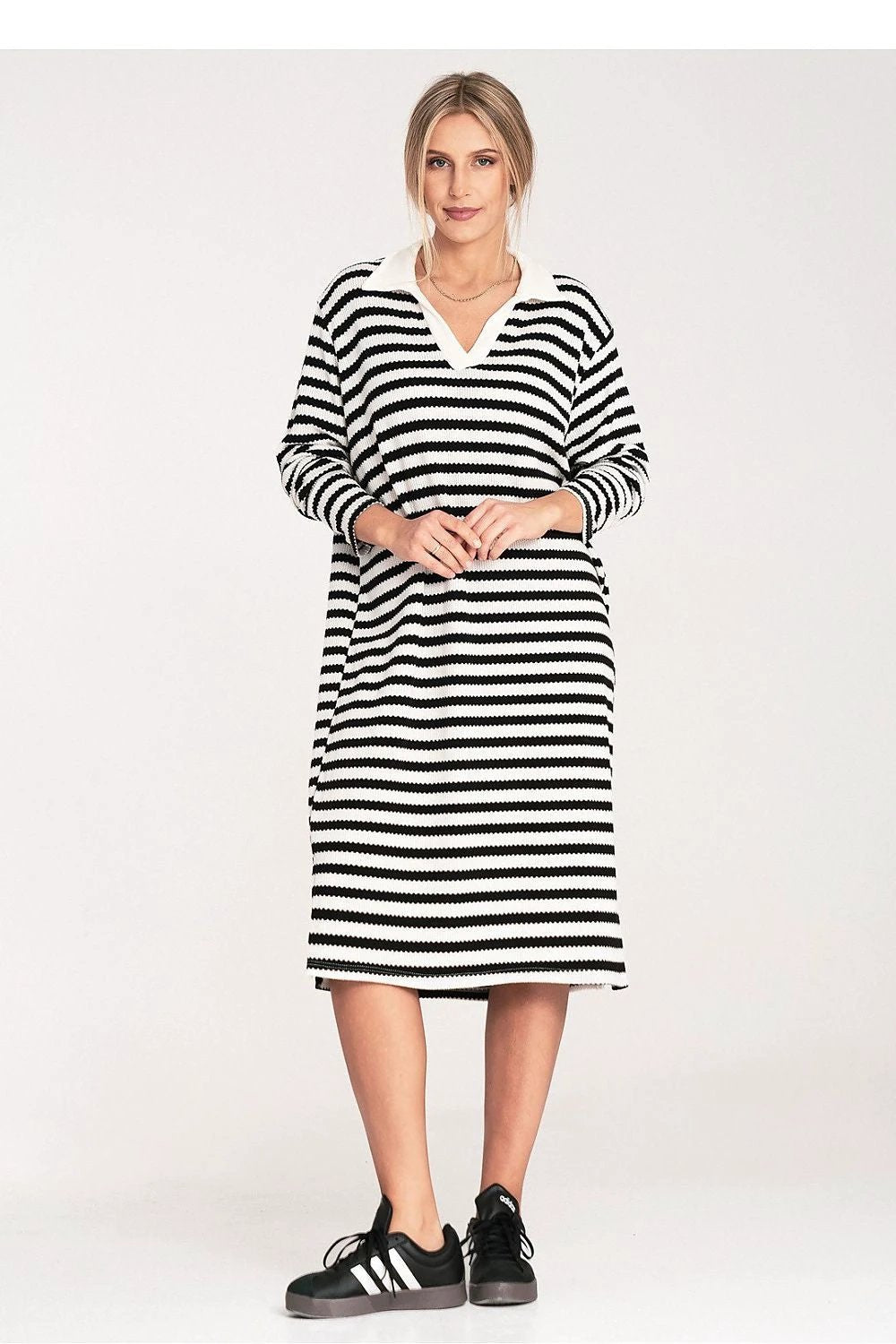 Figl Women's Daydress - Striped Knitted with Collar, Long Sleeves, One Size, Below Knee Length by Figl