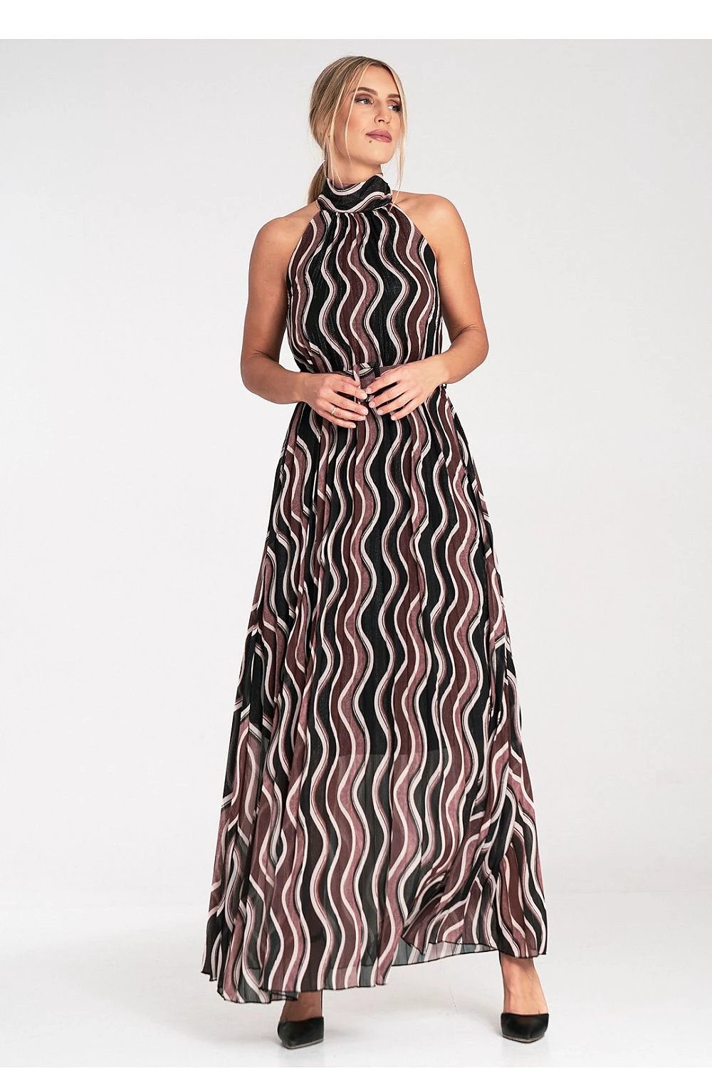 Figl Daydress - Stylish Bare Shoulder Pleated Maxi Dress with Waist Belt and Lining for Women by Figl