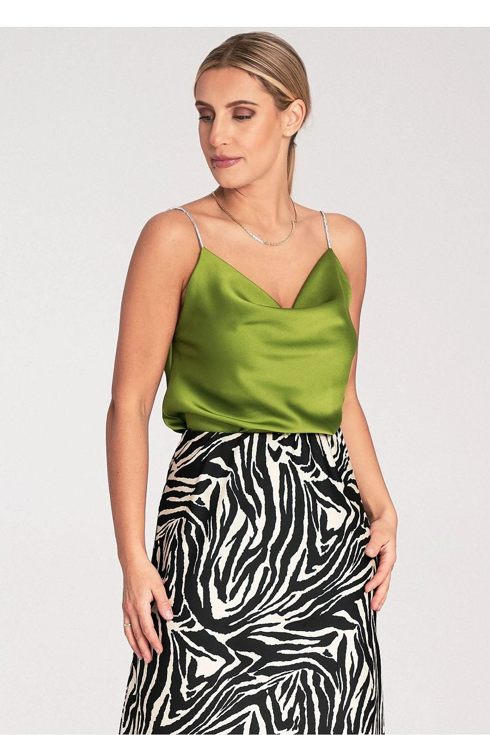 Figl Elegant Women's Satin Top - Shiny Crystal Straps, Flowing Water Neckline, 100% Polyester for S/M Size by Figl