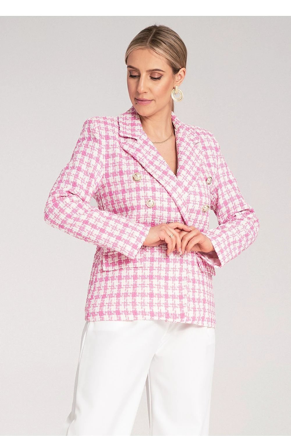 Figl Double-Breasted Checkered Jacket - Elegant Jacquard Fabric with Golden Buttons and Cotton Blend by Figl