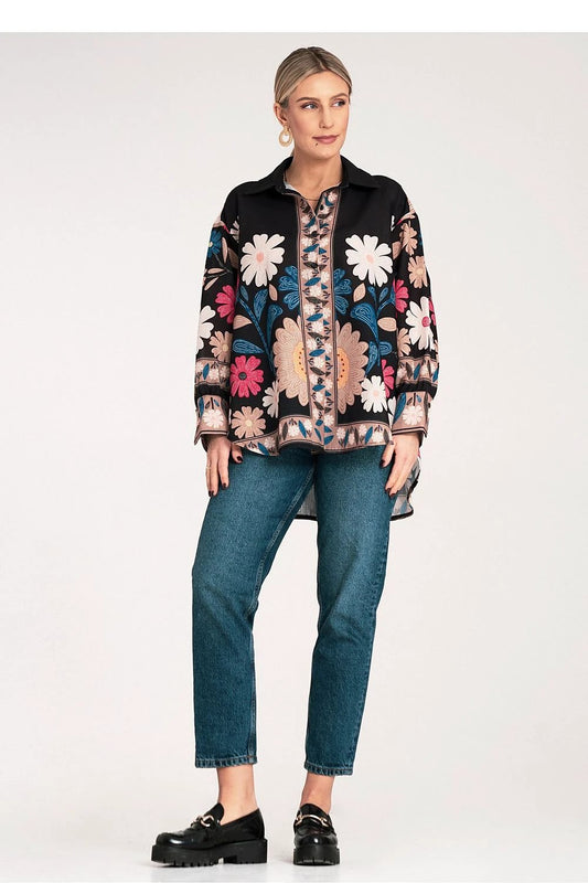 Figl Long Sleeve Oversize Floral Shirt - Lightweight Polyester With Bold Pattern by Figl