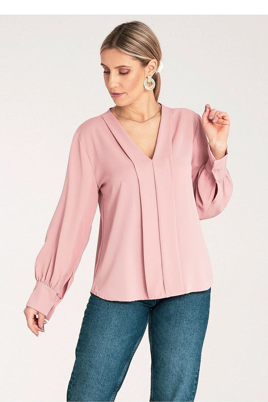 Figl Women's Blouse - Long Sleeve High-Quality Satin V-Neck with Elegant Stitching and Button Cuffs by Figl