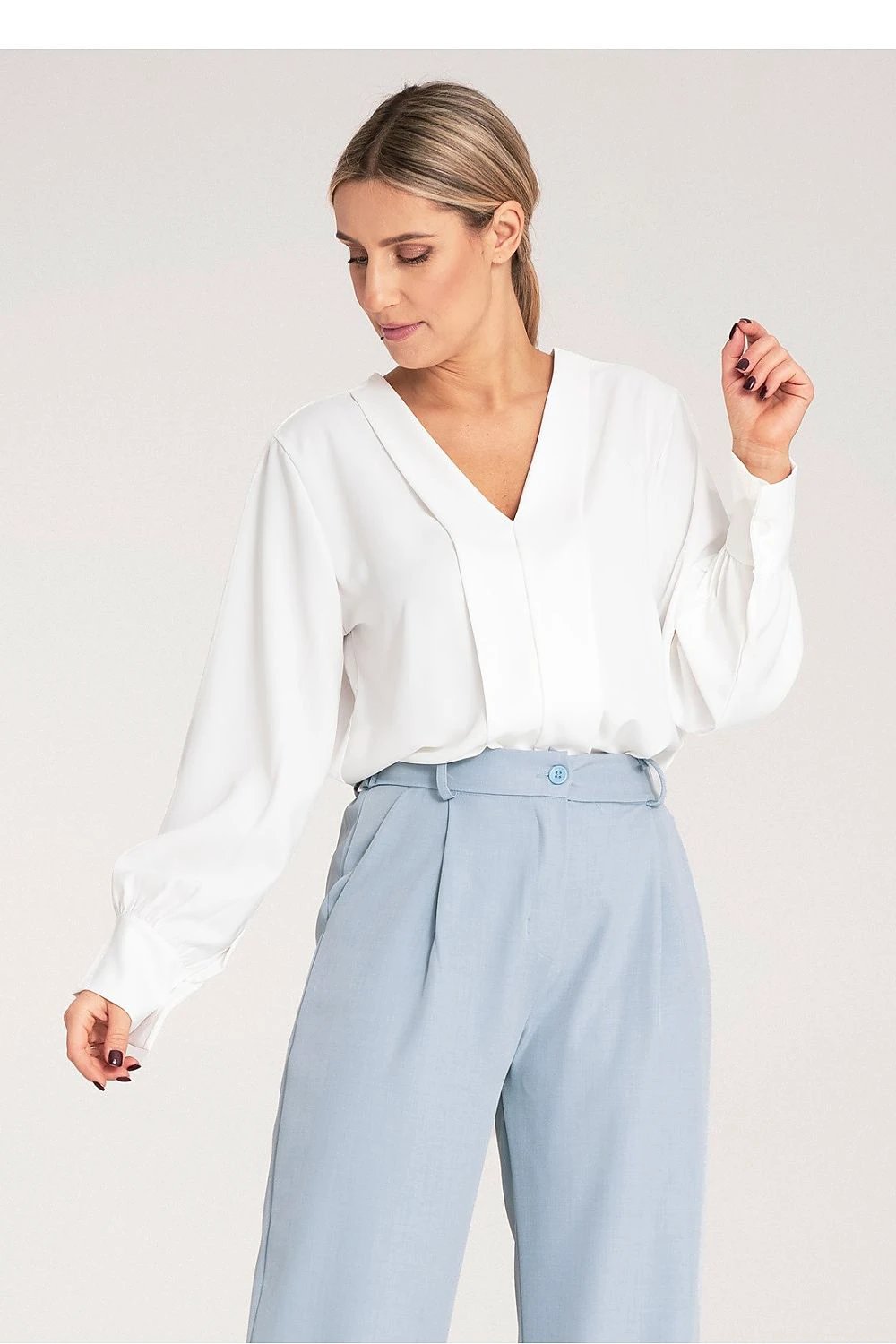 Figl Women's Blouse - Long Sleeve High-Quality Satin V-Neck with Elegant Stitching and Button Cuffs by Figl