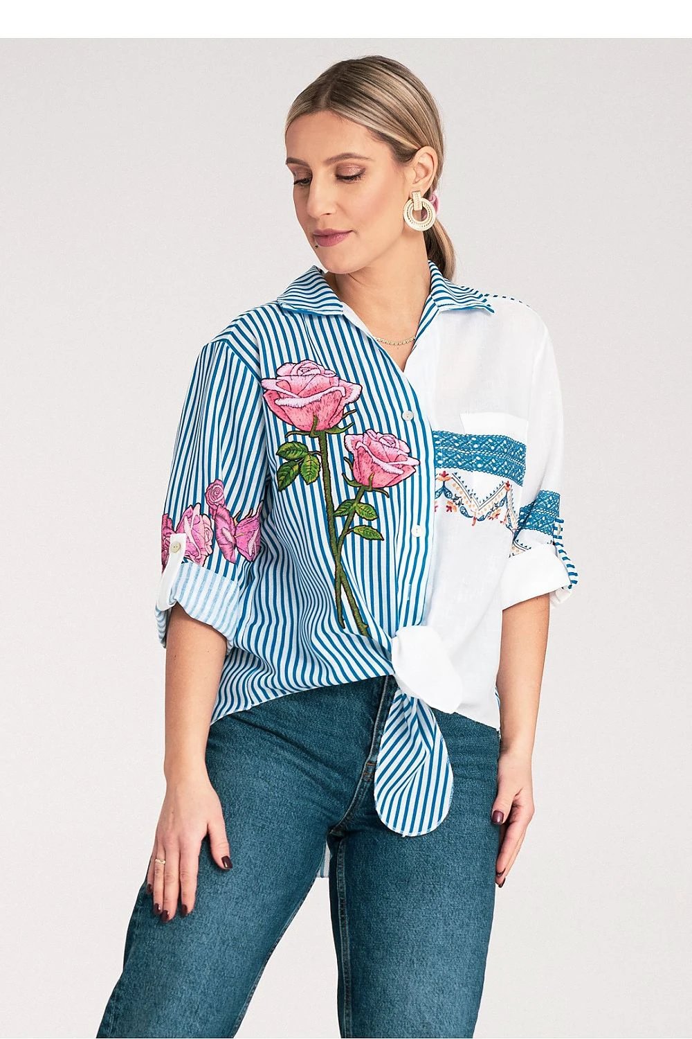 Figl Women's Asymmetrical Striped Shirt with Embroidered Floral Motifs - Loose Fit Design for All Body Types and Everyday Comfort by Figl