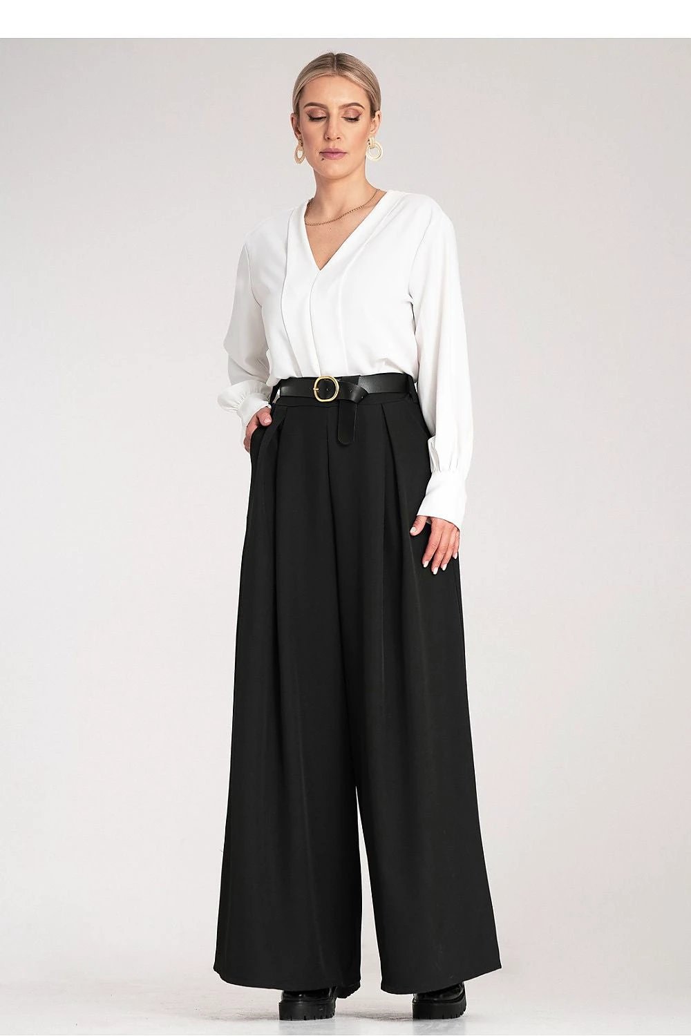Figl Women's High-Waisted Palazzo Pants - Elastic Waist, Wide Legs and Comfortable Fabric by Figl