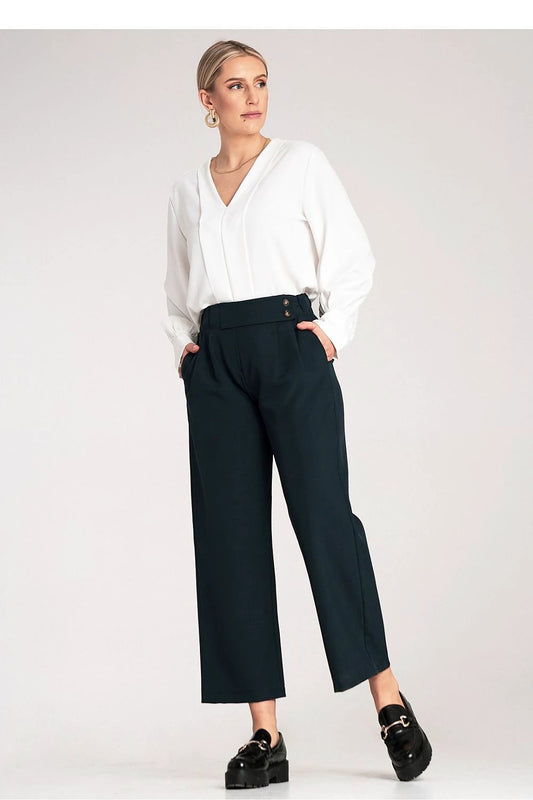 Figl Women's High-Waist 7/8 Length Trousers - Elegant Design with Pleats, Buttons, and Stretch Fabric for Comfort and Style by Figl