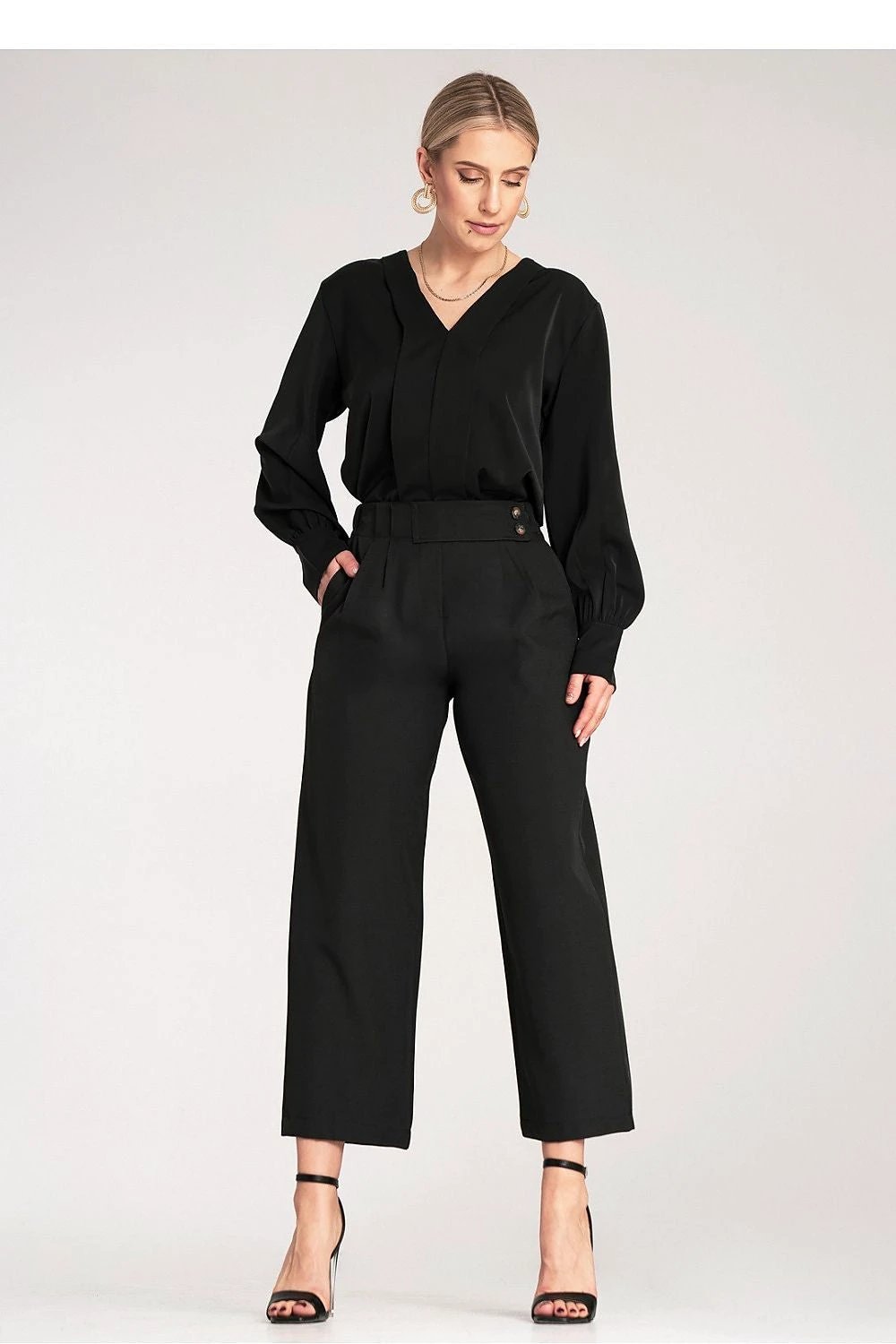 Figl Women's High-Waist 7/8 Length Trousers - Elegant Design with Pleats, Buttons, and Stretch Fabric for Comfort and Style by Figl