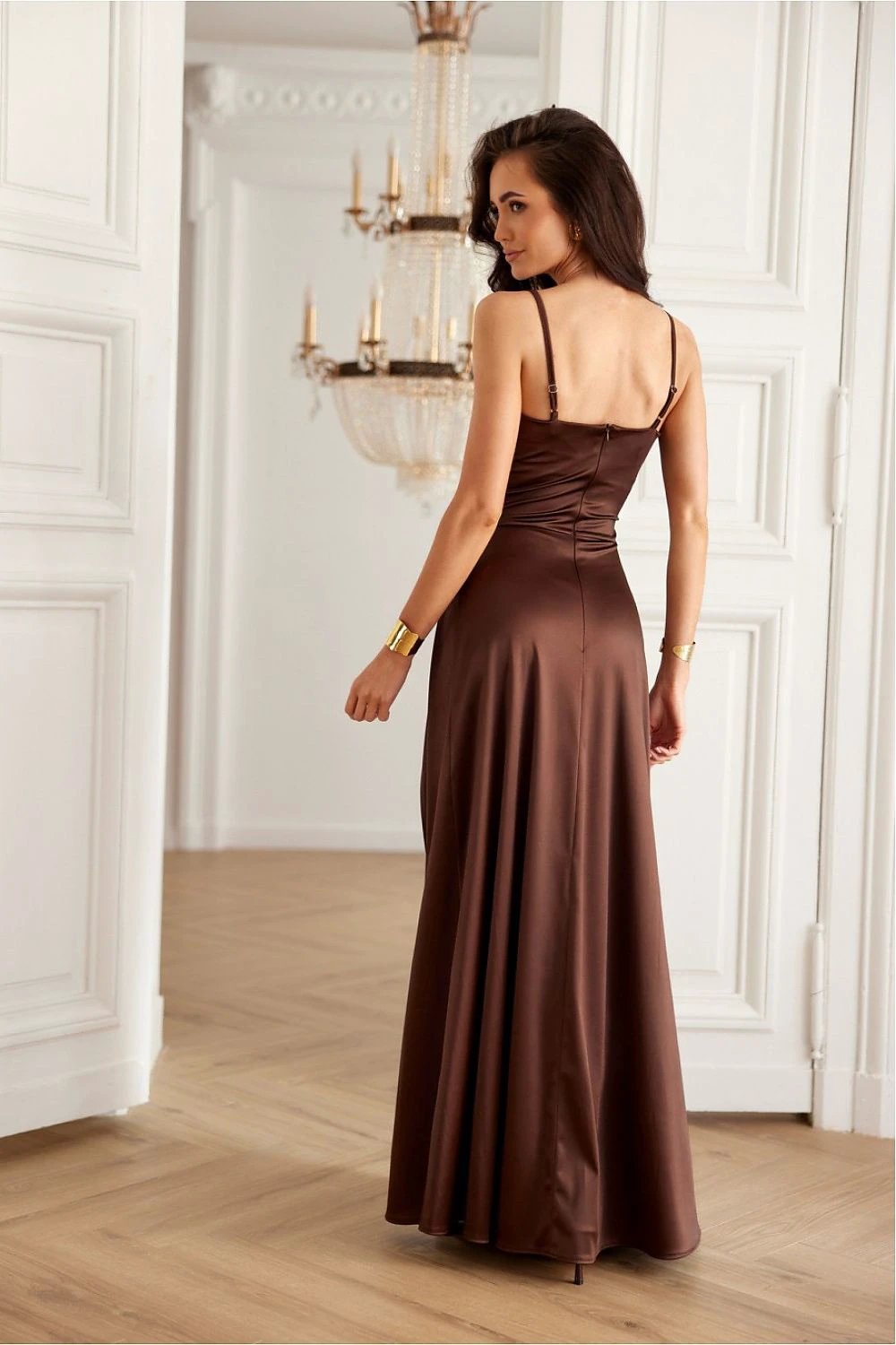 Roco Fashion Long Salma Women's Evening Dress - Elegant Satin Fabric for Comfort and Flattering Fit in Brown by Roco Fashion