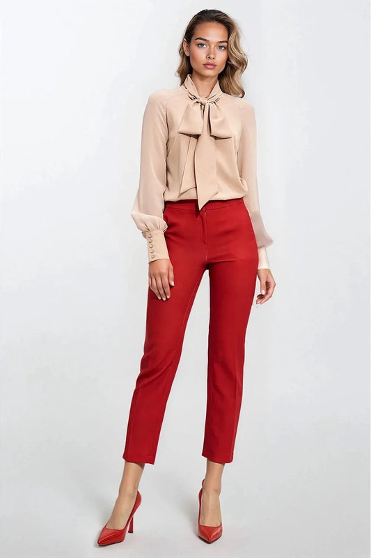 Nife Beige Blouse - Features Decorative Scarf Neckline and Elegant Cuffed Sleeves for a Classic Silhouette by Nife