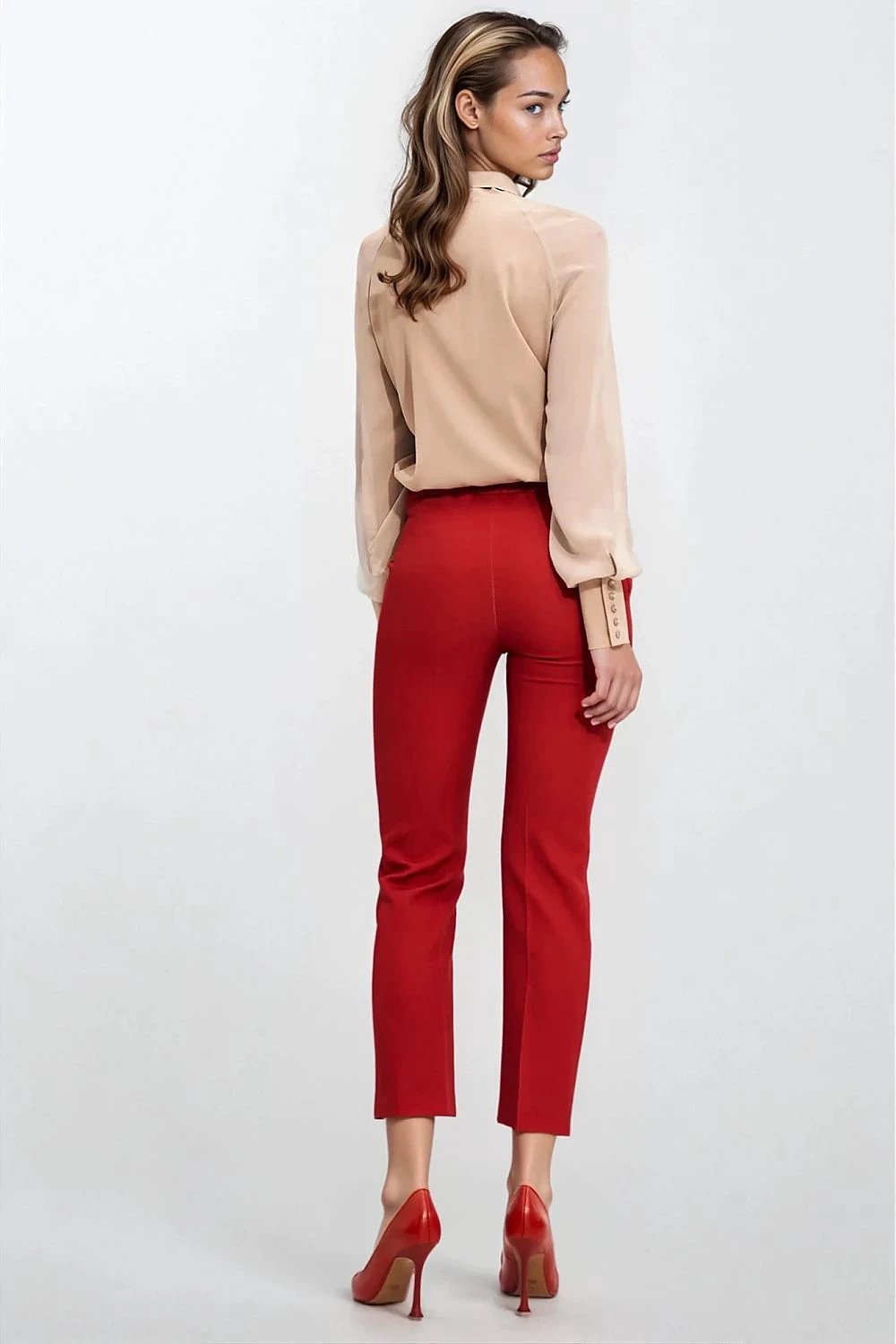 Nife Beige Blouse - Features Decorative Scarf Neckline and Elegant Cuffed Sleeves for a Classic Silhouette by Nife