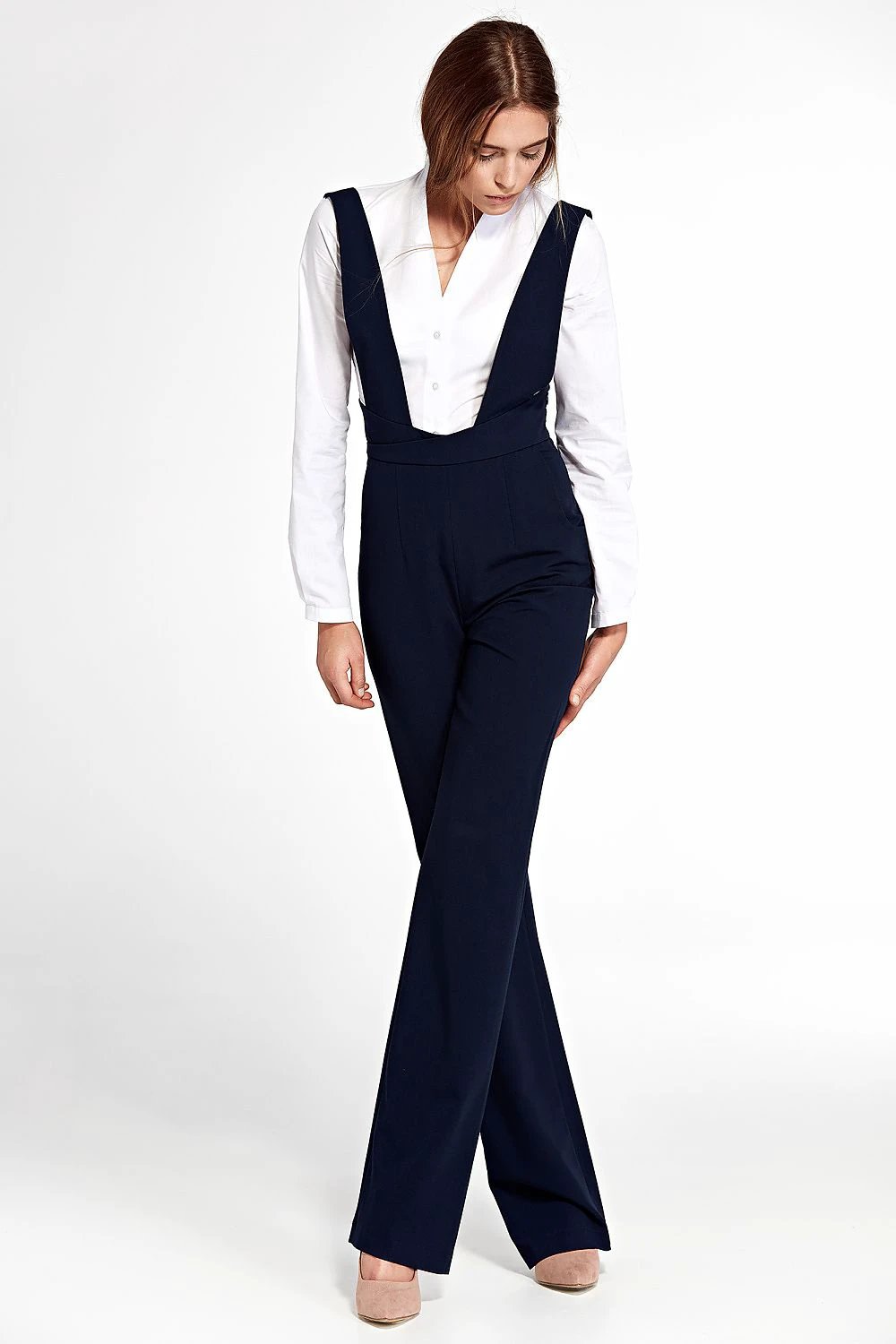 Suit Nife Women's High-Waist Jumpsuit - Stylish Design with Suspenders, Wide Legs and Navy Blue Shade for Modern Fashion by Nife