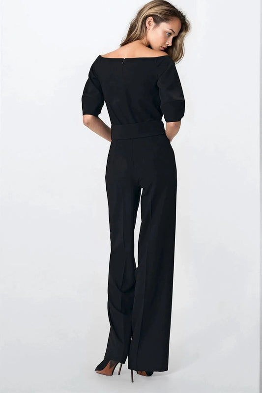 Suit Nife Elegant Black Women's Jumpsuit - Cold-Shoulder Cut, Wide Belt, Viscose Blend for Comfort and Style by Nife