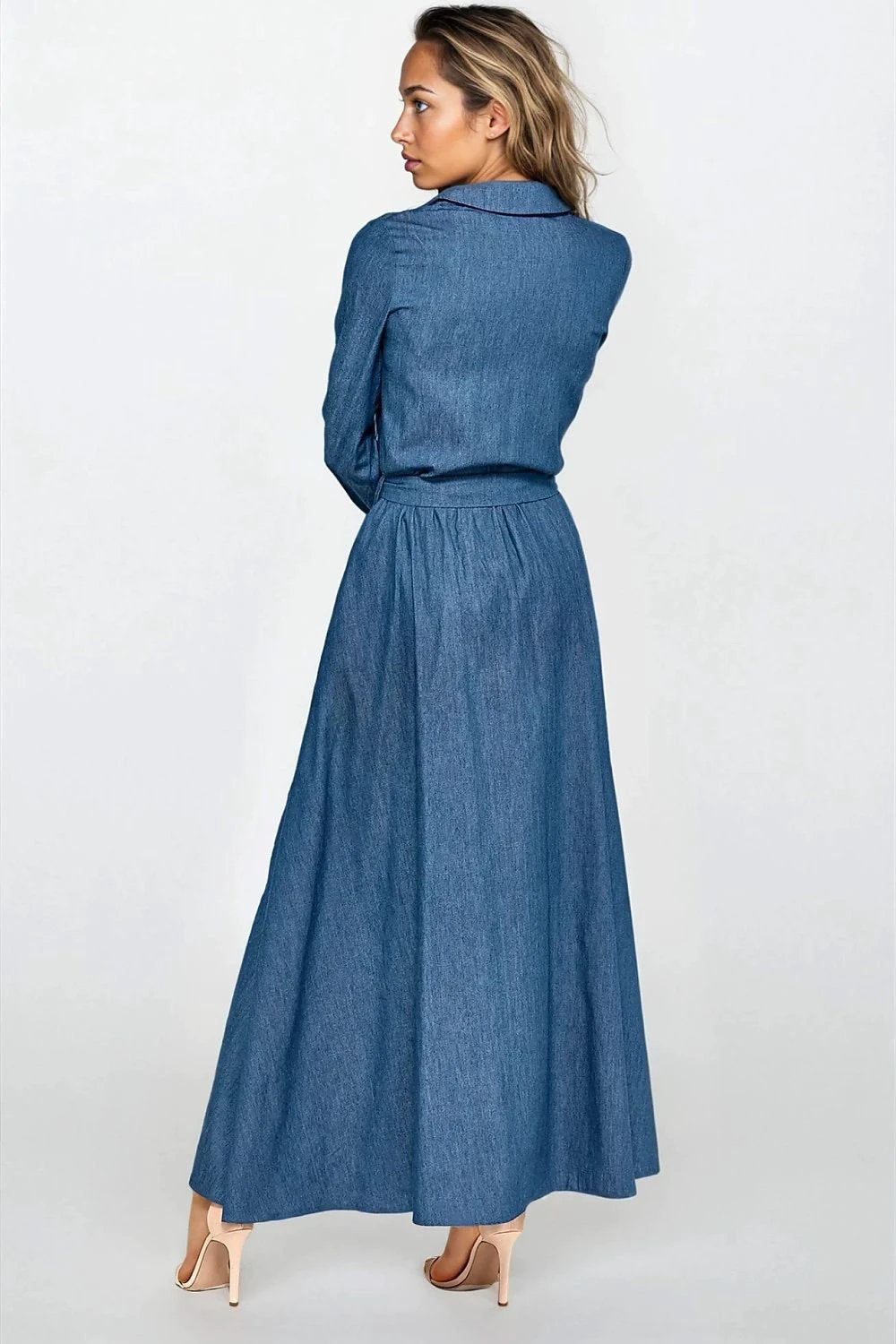 Nife Comfortable Denim Maxi Dress - Long Sleeve With Snaps, Belt, Collar, Pockets And 100 Percent Cotton by Nife