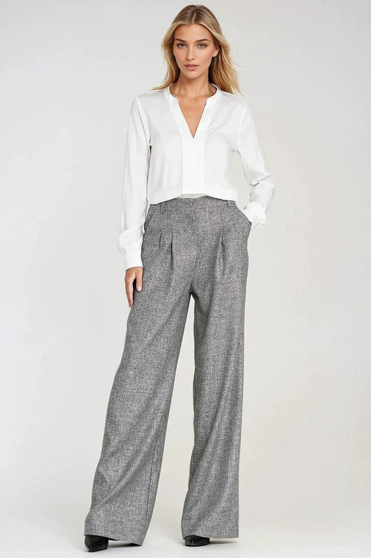 Nife Women's Elegant Wide Leg Trousers - Relaxed Fit with High Waist and Stylish Melange Texture for Comfort by Nife