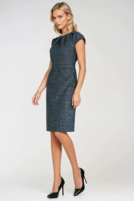 Nife Daydress - Elegant Fitted Women's Knee-Length Dress with Mélange Texture and Round Neckline by Nife