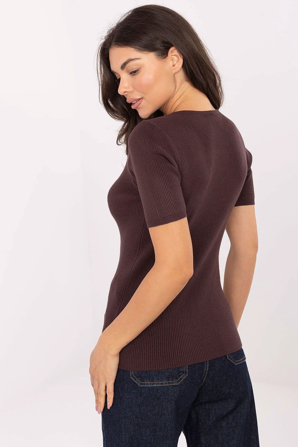 Fashionable Women's V-Neck Short Sleeve Sweater - Soft Ribbed Material for Comfort and Mobility by Factory Price