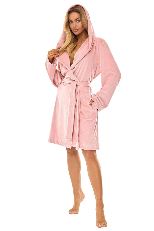L&L Women's Knee-Length Bathrobe - Ultra Comfortable Loose Fit with Hood, Pockets, and Waist Tie for Relaxation by L&L collection
