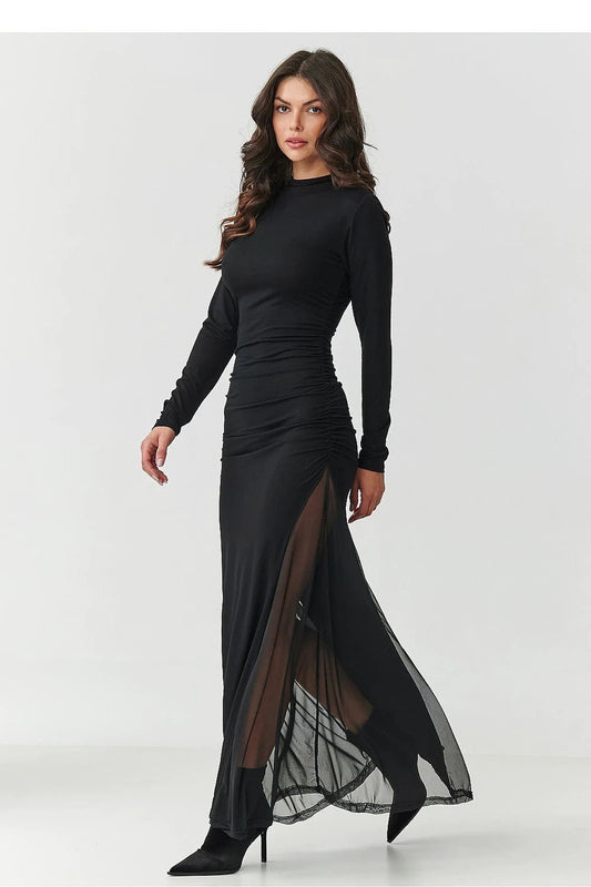 Makadamia Women's Long Evening Dress - Elegant Black Silhouette with Tulle Inserts for Occasions by Makadamia