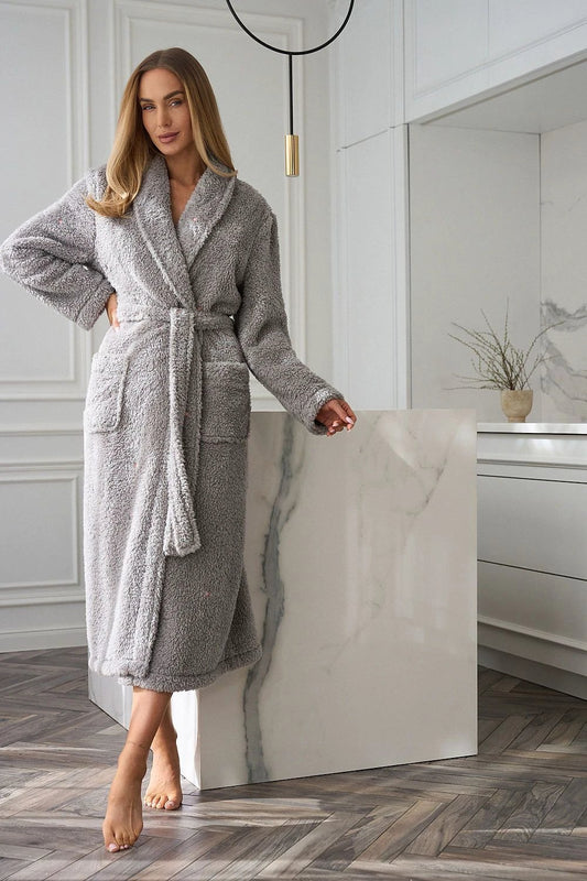 L&L Women's Bathrobe - Soft Fluffy Knitwear with Embroidered Stars and Shawl Collar for Comfort and Elegance by L&L collection