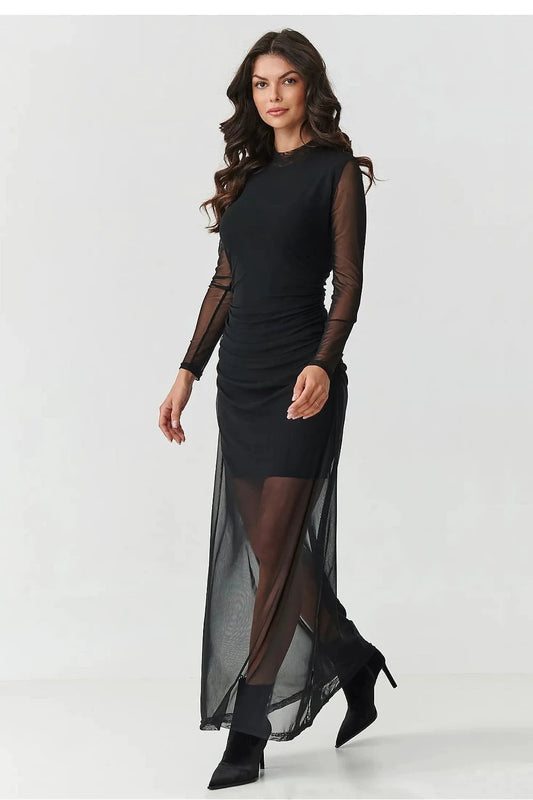 Makadamia Evening Dress - Figure-Hugging Black Maxi with Sensual Tulle Elegance by Makadamia