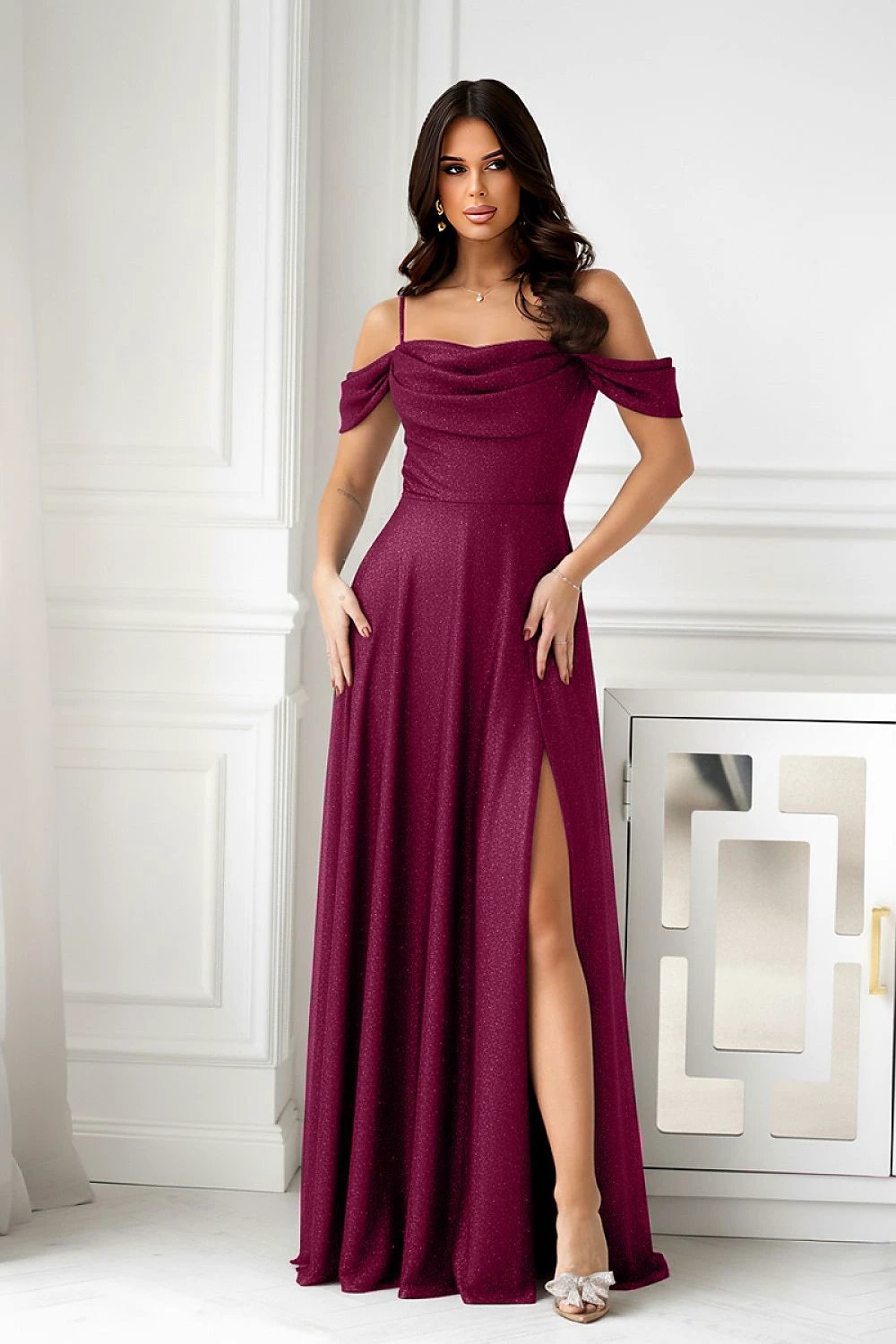 Bicotone Long Dress - Fitted Top for Waist Emphasis, Flowing Skirt with Slit, Shiny Material for Special Occasions by Bicotone