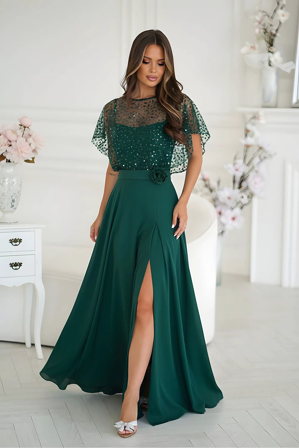 Bicotone Long Dress - Elegant Lightweight Evening Gown with Sequin Bolero and Rose Accent by Bicotone