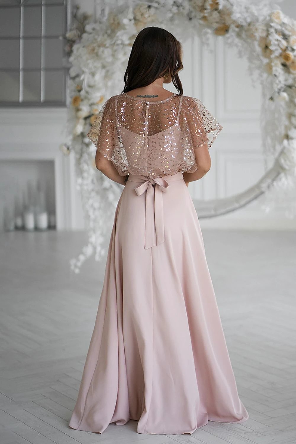 Bicotone Long Dress - Elegant Evening Wear with Shiny Sequin Bolero and Rose Detail by Bicotone