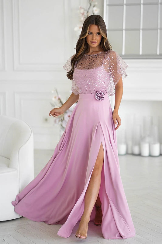 Bicotone Long Dress - Elegant Evening Wear with Sequin Bolero, Thin Straps, and Rose Detail for Special Occasions by Bicotone