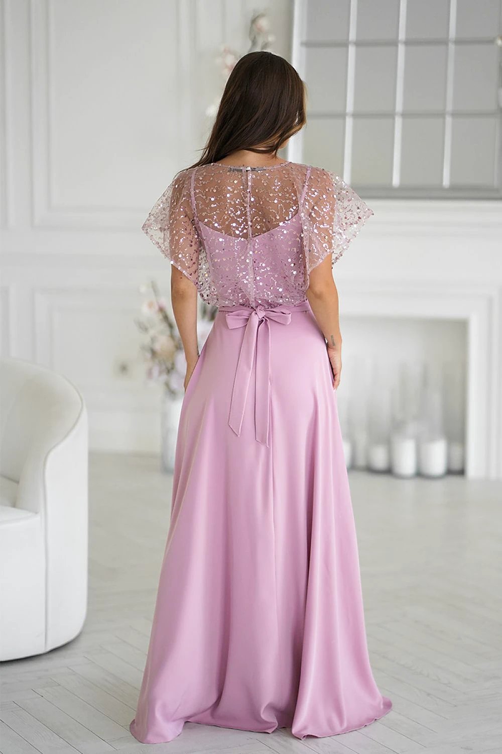 Bicotone Long Dress - Elegant Evening Wear with Sequin Bolero, Thin Straps, and Rose Detail for Special Occasions by Bicotone