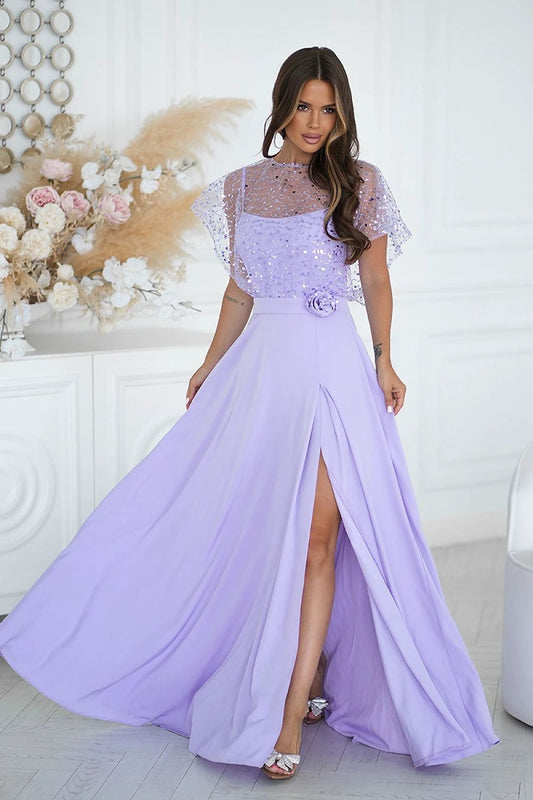 Bicotone Long Evening Dress - Elegant Women's Gown With Thin Straps, Shimmering Sequin Bolero, Rose Detail, And Shiny Finish For Special Occasions by Bicotone