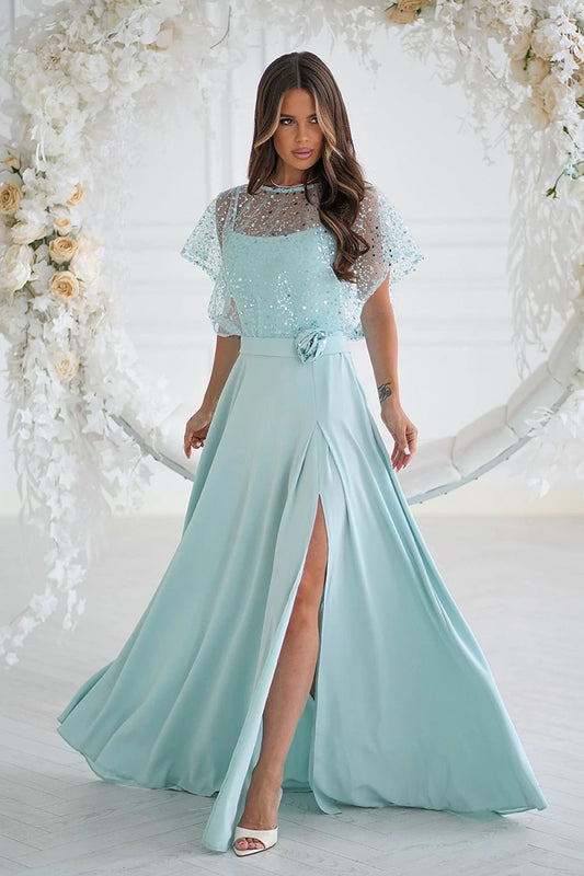 Bicotone Long Evening Dress - Elegant Lightweight Design with Shiny Sequin Bolero for Special Occasions by Bicotone