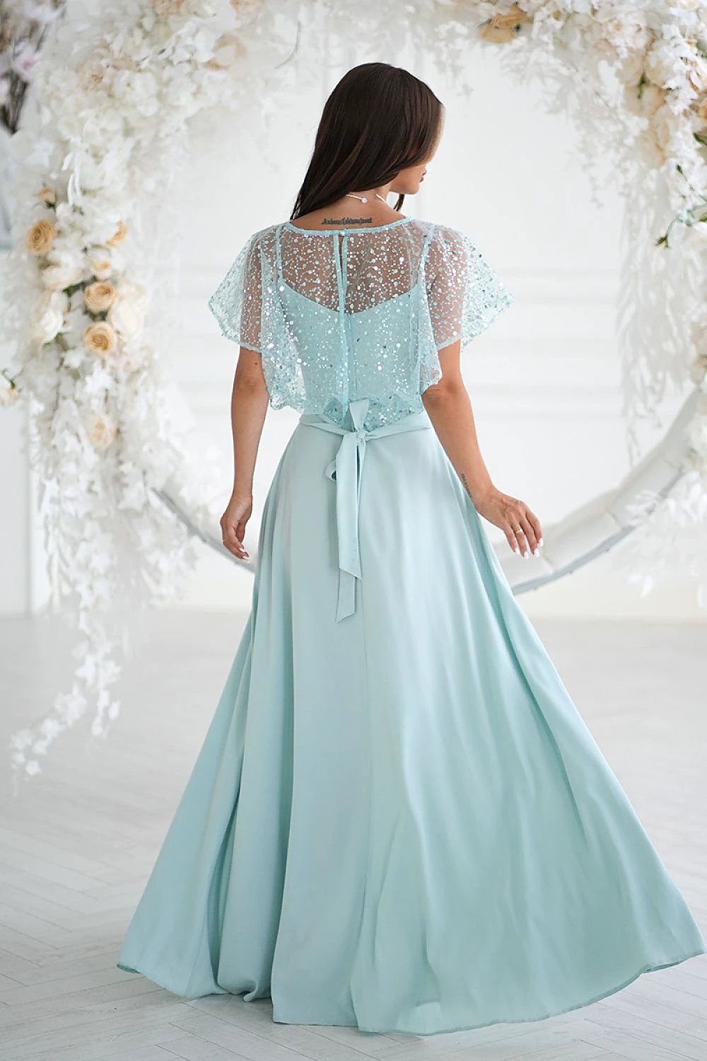 Bicotone Long Evening Dress - Elegant Lightweight Design with Shiny Sequin Bolero for Special Occasions by Bicotone