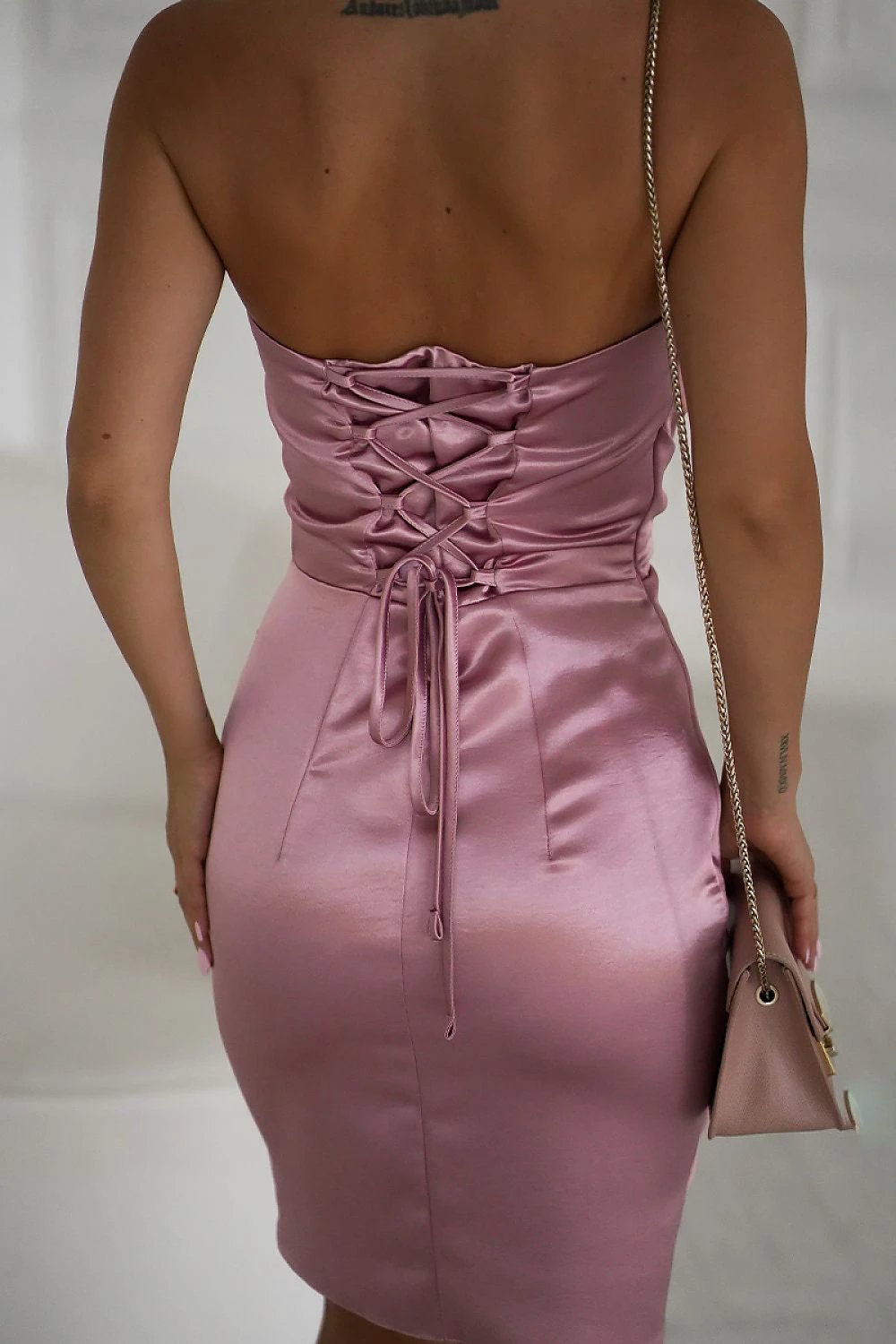 Bicotone Short Satin Dress - Elegant Strapless with Draped Rose for Evening Events by Bicotone