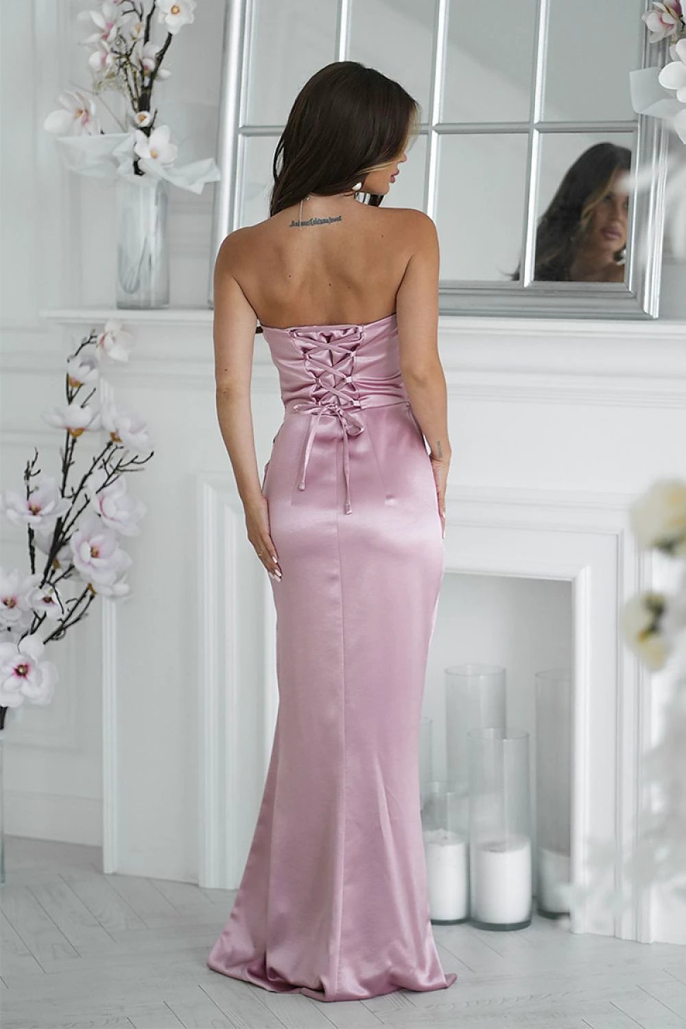 Bicotone Women's Long Dress - Elegant Shiny Satin Strapless Gown with Draped Rose, High Slit and Fitted Silhouette for Special Occasions by Bicotone