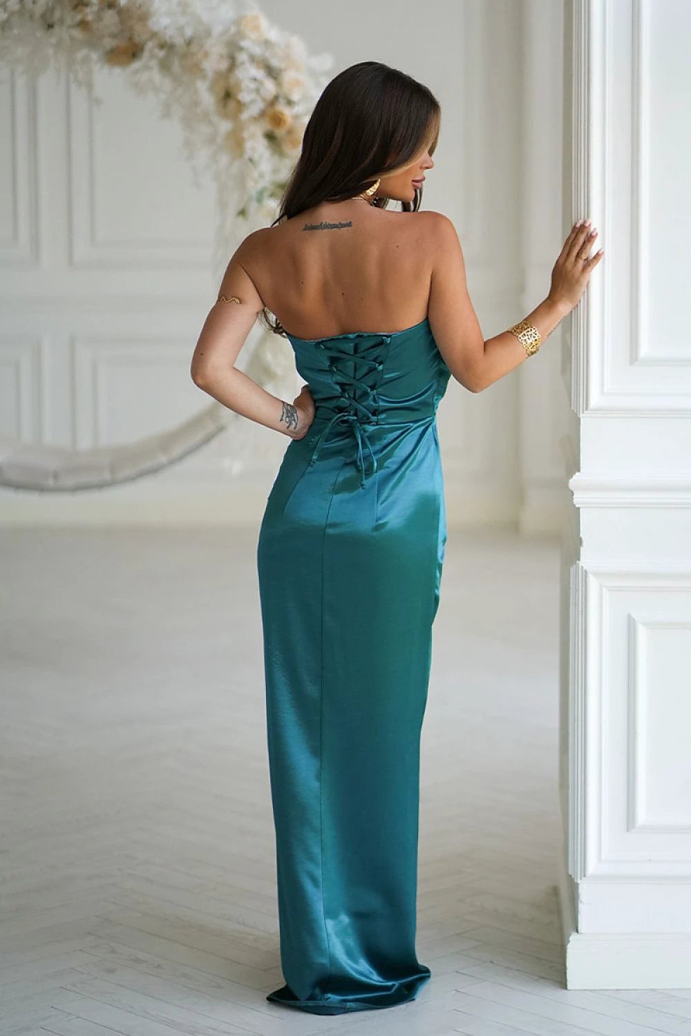 Bicotone Long Dress - Shiny Satin Strapless Evening Gown with Draped Rose and High Slit by Bicotone