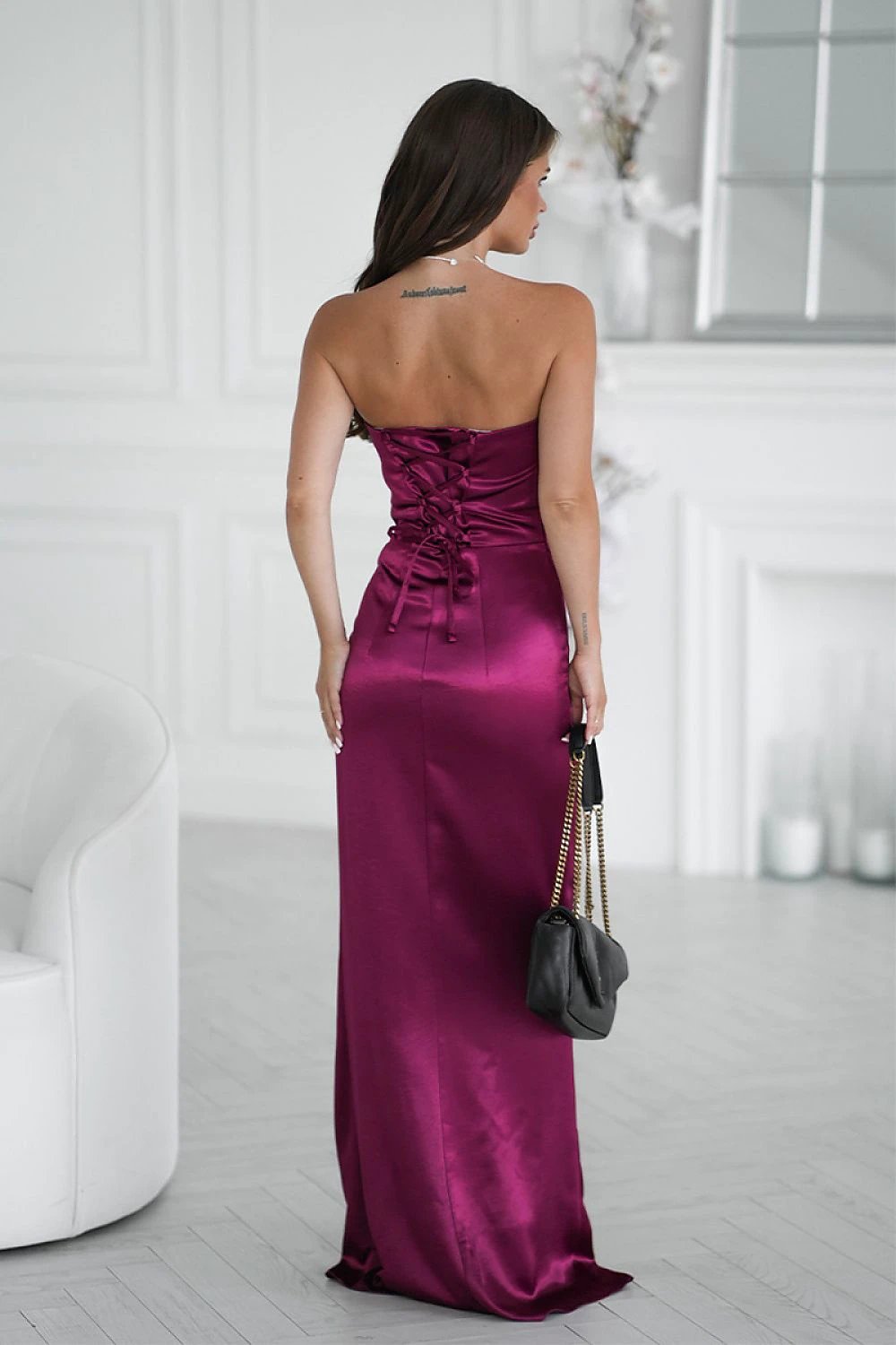 Bicotone Long Evening Dress - Elegant Strapless Satin with Draped Rose and High Slit for Special Occasions by Bicotone